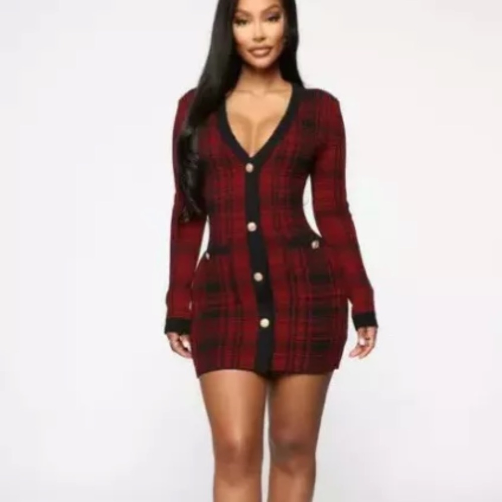 NWT Fashion Nova Mini Dress Size Large Black Red Plaid Power Hour Plaid